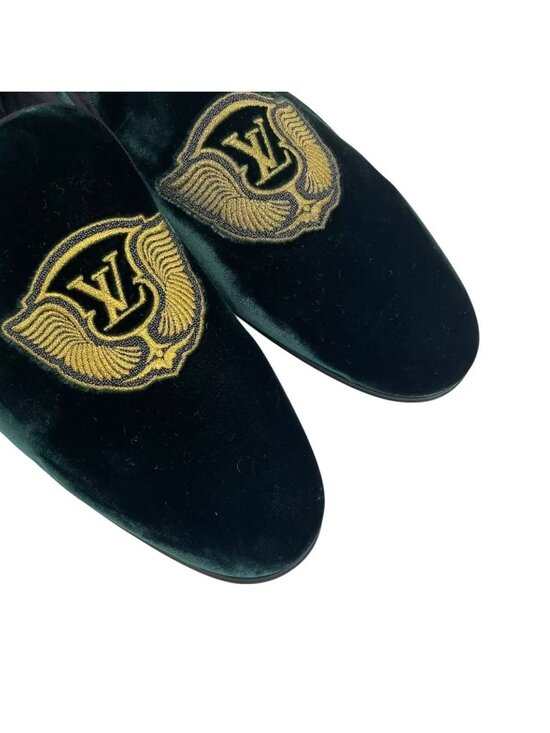 Louis Vuitton Loafers LV Logo Velour Embroidery Gold Thread Green 8.5 main image 7